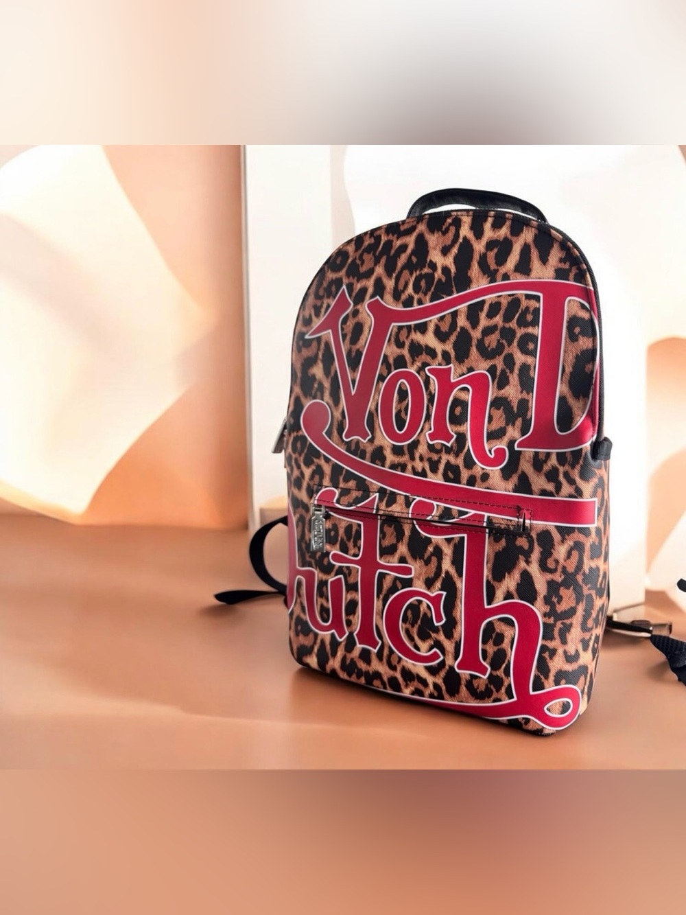 Von Dutch Leopard Backpack with Red Logo on Brown and Black Print
